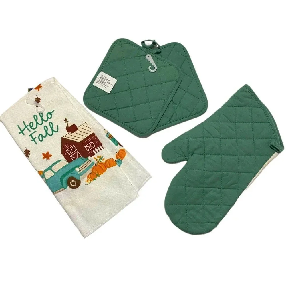 NWT Hello Fall Kitchen Linens Towels Pot Holders Thanksgiving Decor 4 Piece Set